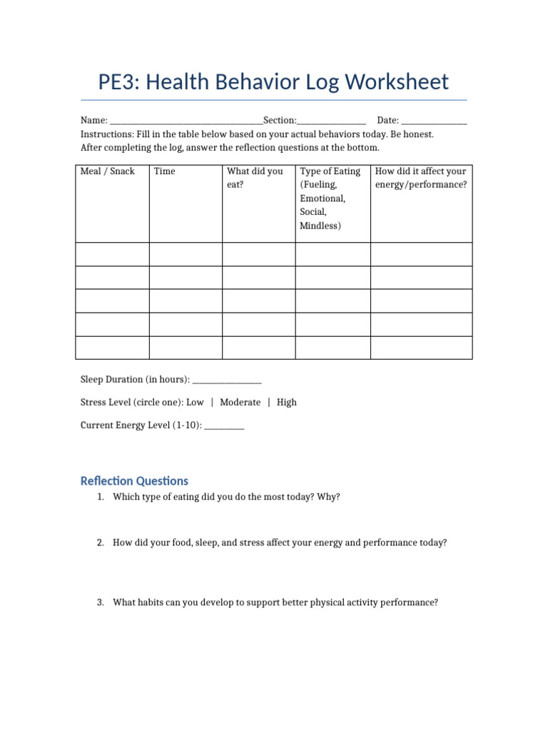 Health Behavior Log Worksheet | PDF