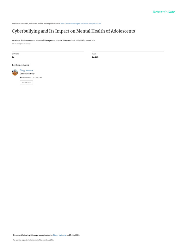 Cyberbullying's Effects on Adolescent Mental Health | PDF ...