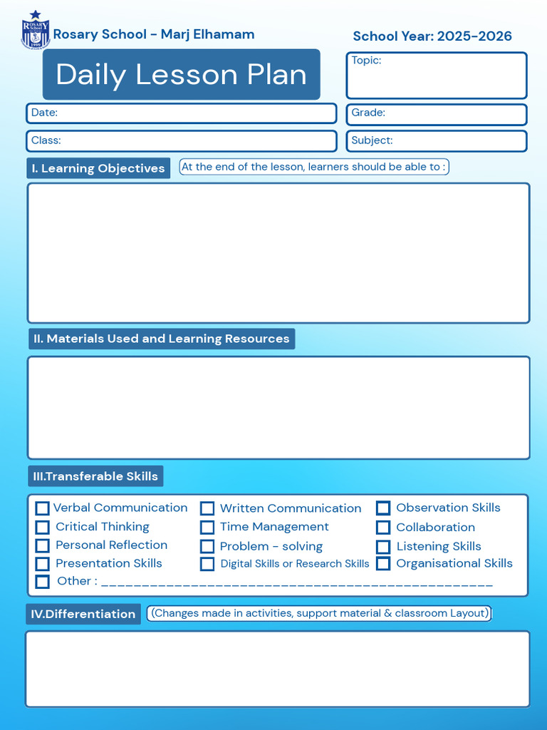 Daily Lesson Plan Template for 2025-2026 | PDF