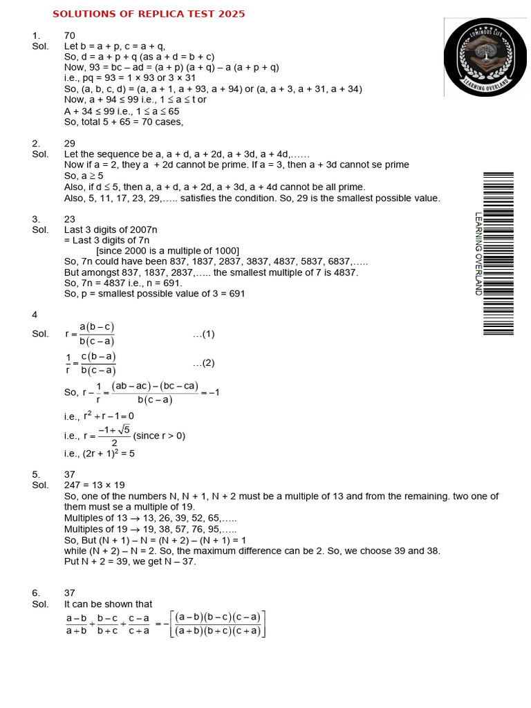 Solutions to Replica Test 2025 Problems | PDF | Arithmetic | Elementary ...