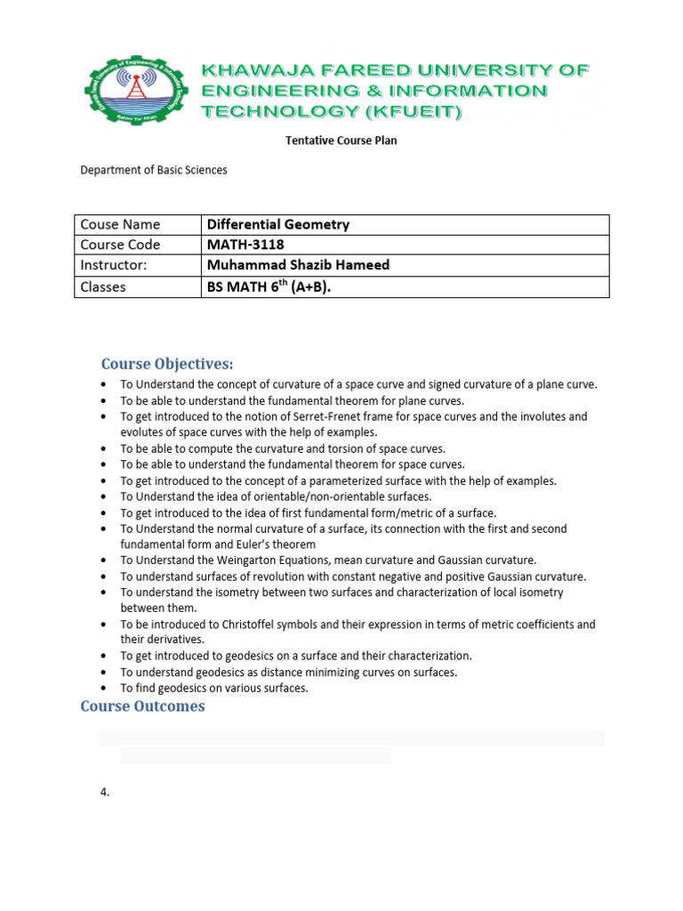 Differential Geometry Course Outline | PDF | Curvature | Mathematical ...