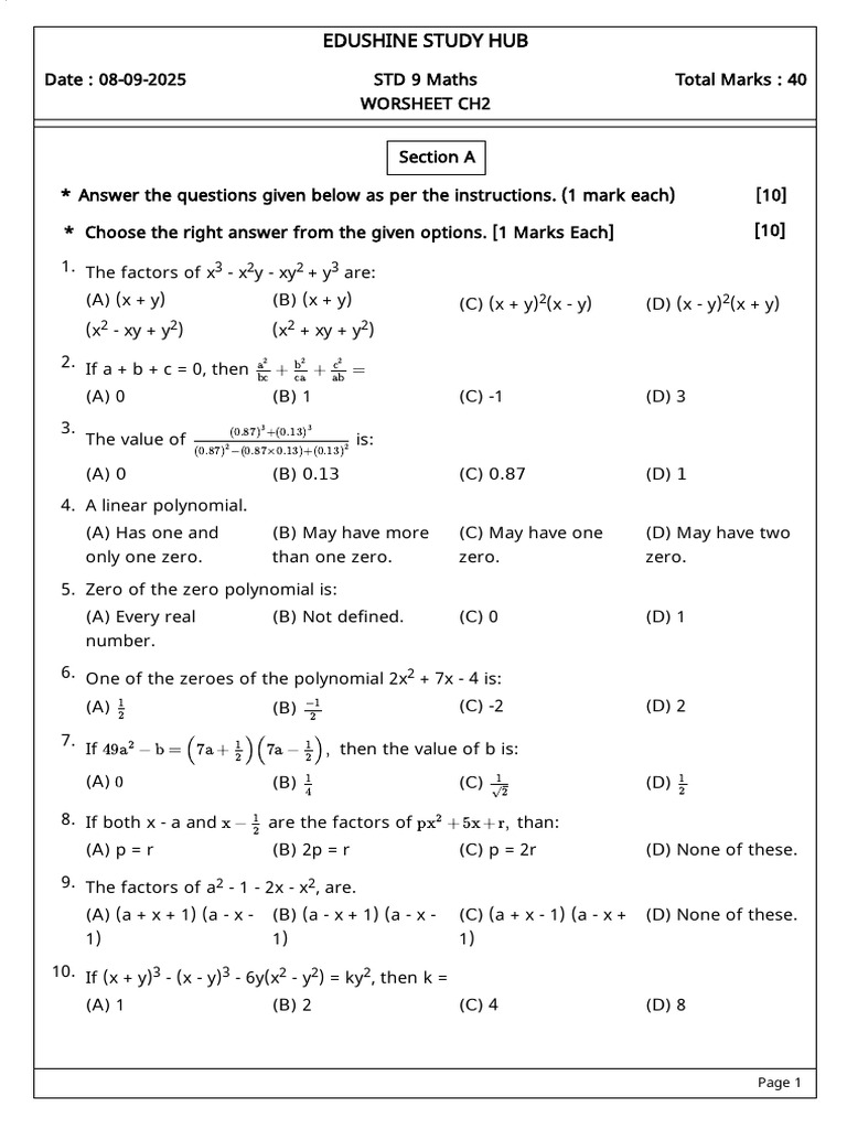 9th Grade Maths Worksheet Solutions | PDF | Factorization | Polynomial