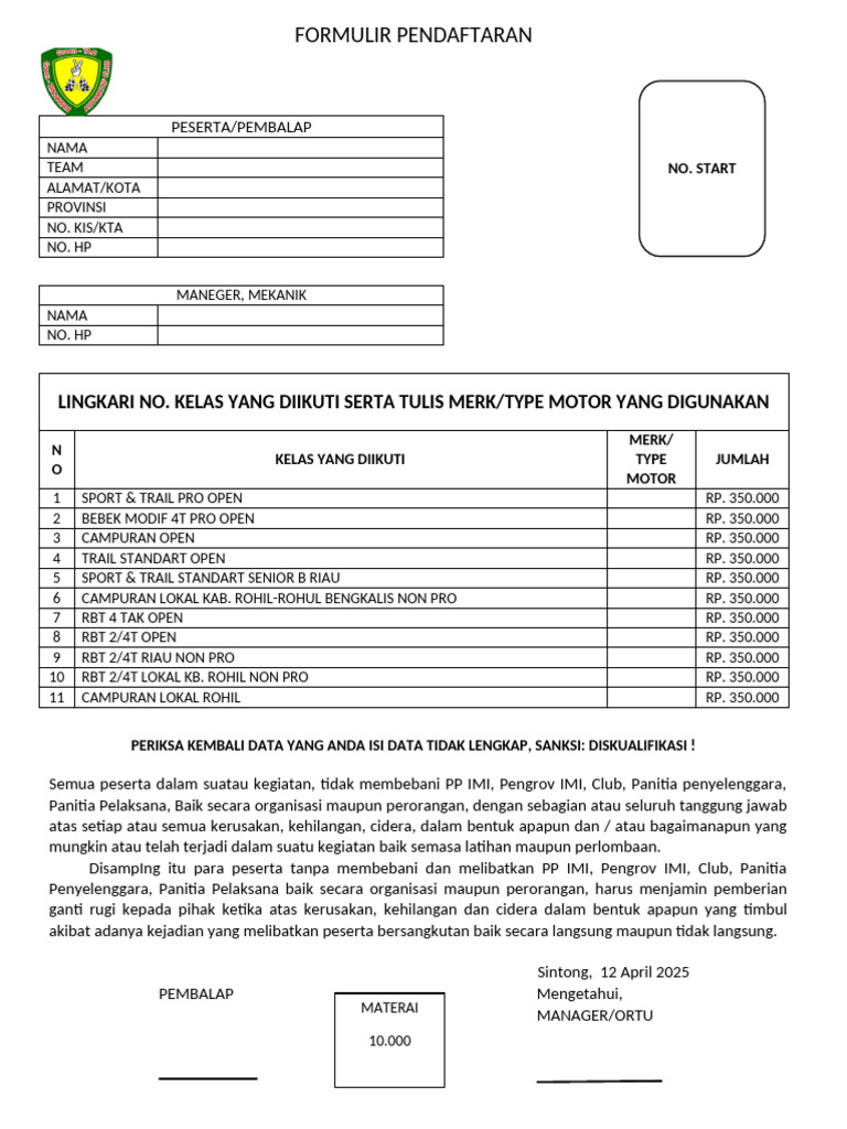 Formulir Pendaftaran Peserta Balap Motor | PDF