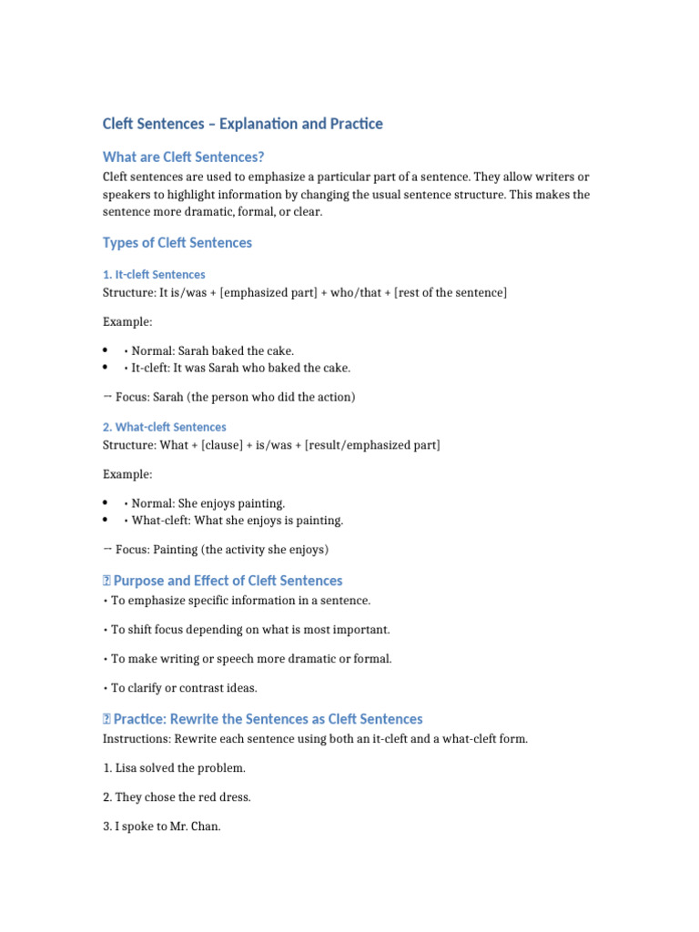 Cleft Sentences Explanation and Practice | PDF