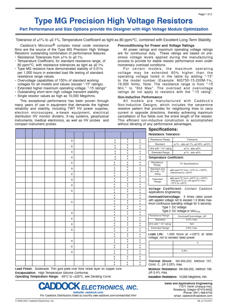 Caddock Mg Series Datasheet Pdf Resistor Physical Sciences