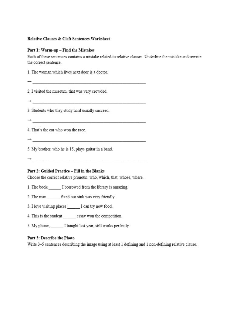 Relative Clauses & Cleft Sentences Worksheet | PDF | Chess Theory | Chess