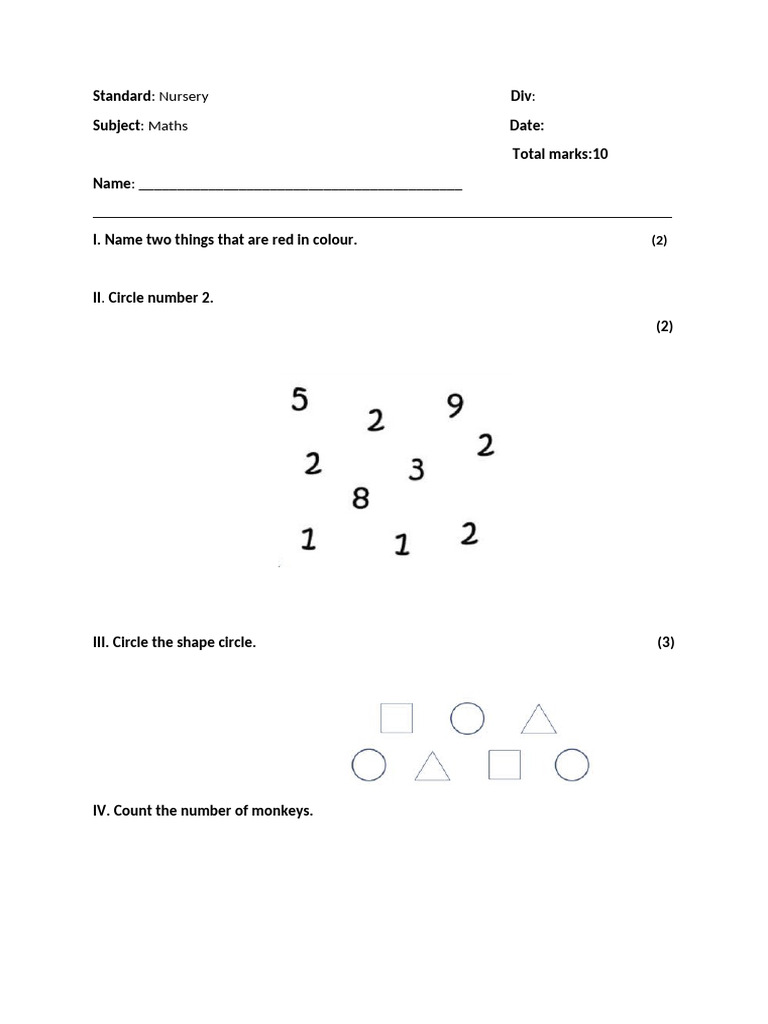 Nursery Maths Oral Test Paper | PDF