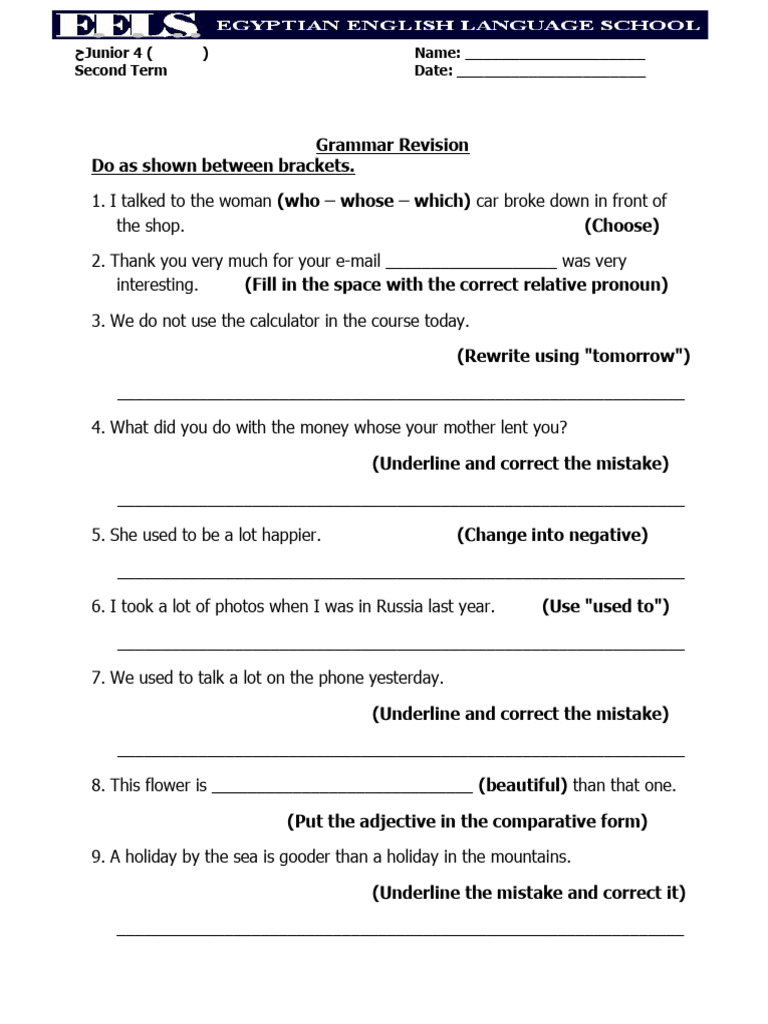 Junior 4 Grammar Revision Exercises | PDF | Syntax | Languages