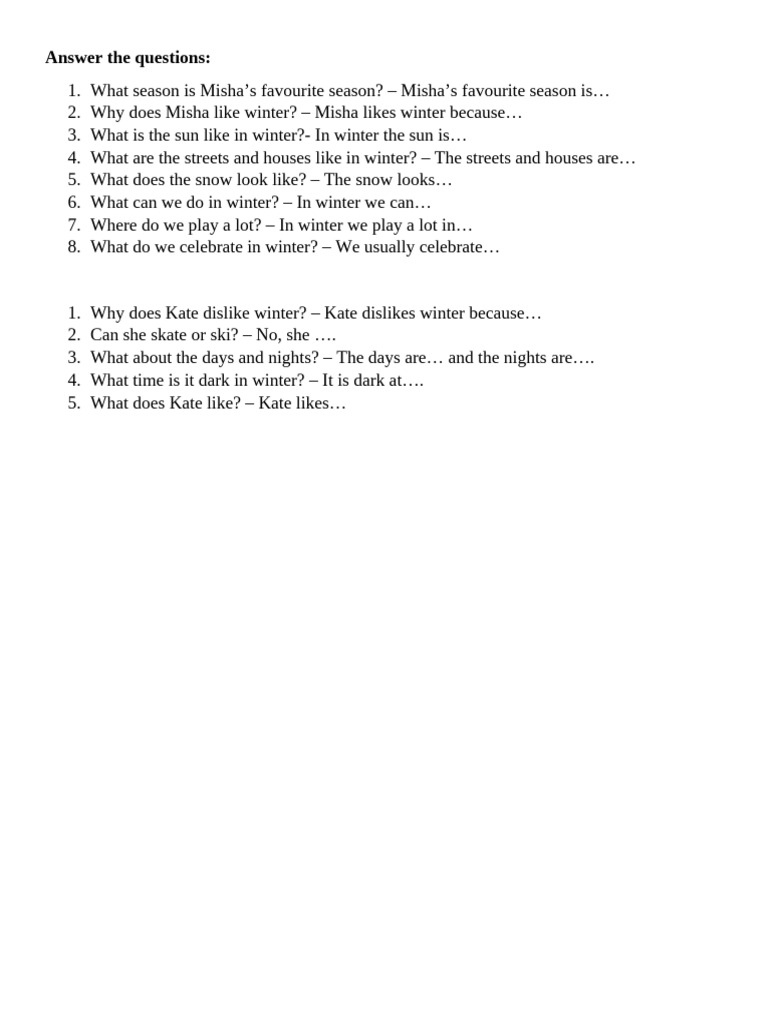 4 TH Form Winter Likes Dislikes | PDF