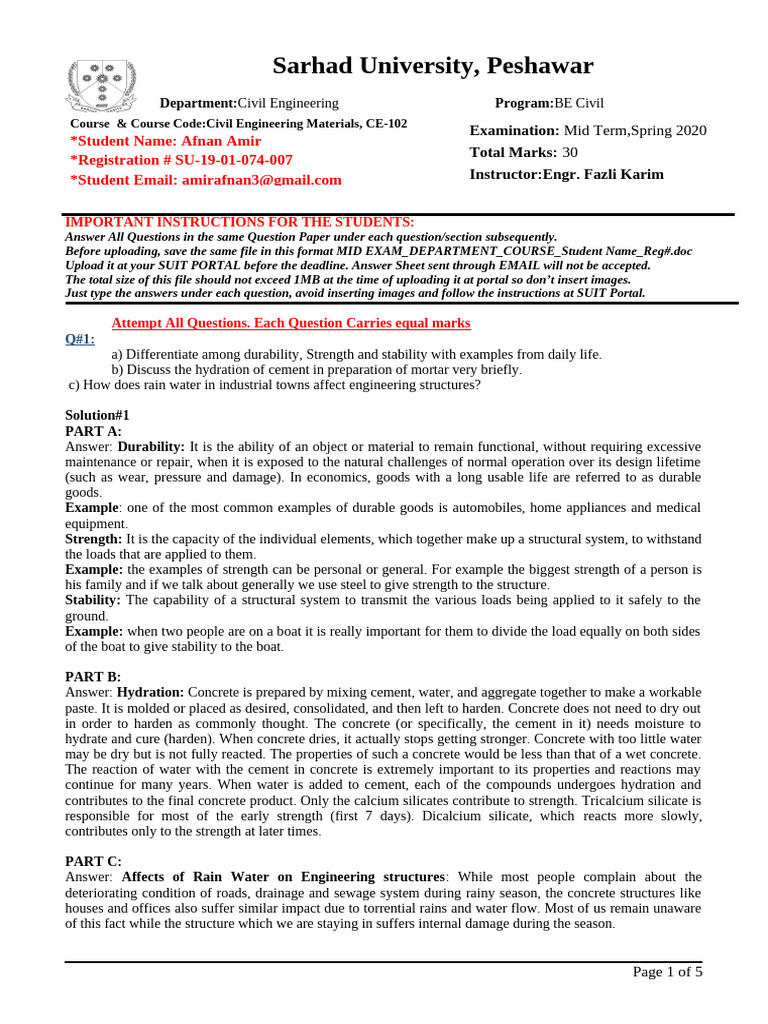 Mid Exam Civil Engineering Cem (Ce102) Afnan Amir Su-19!01!074-007 ...