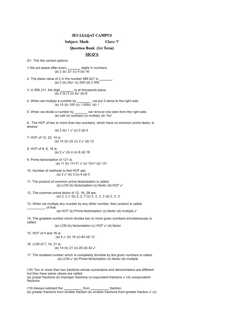 Math MCQ Question Bank for Class V | PDF | Rectangle | Triangle