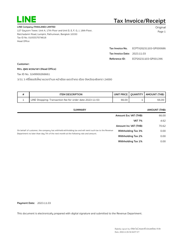 Tax Invoice Receipt for LINE Transaction | PDF | Invoice | Receipt