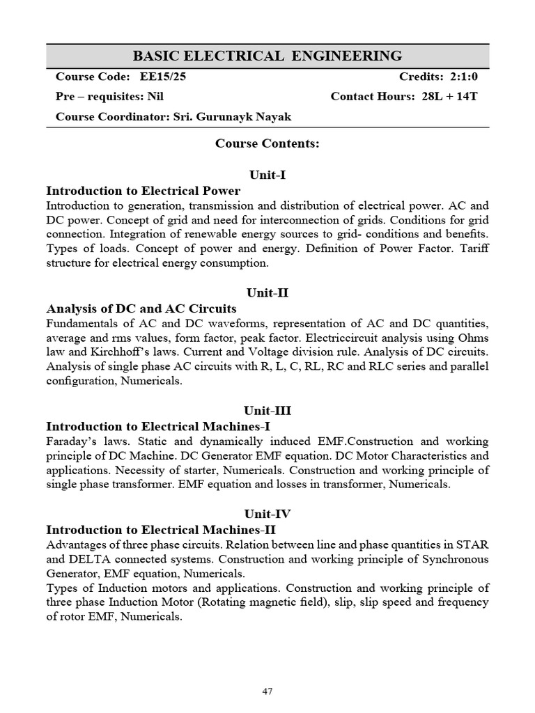 Basic Electrical Engineering Course Overview | PDF | Electric Motor ...