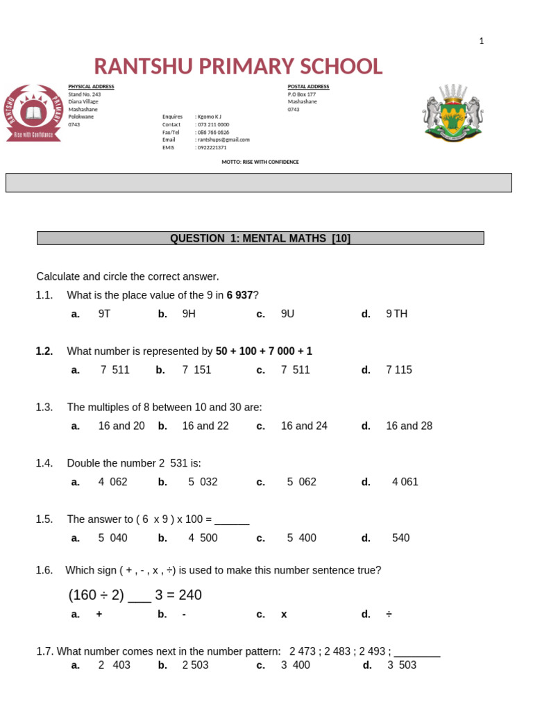 Grade 4 Term 3 Math Exam Paper | PDF | Mathematics