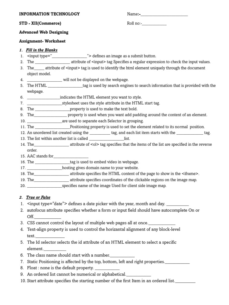 IT Assignment Class 12th | PDF | Html Element | Web Development