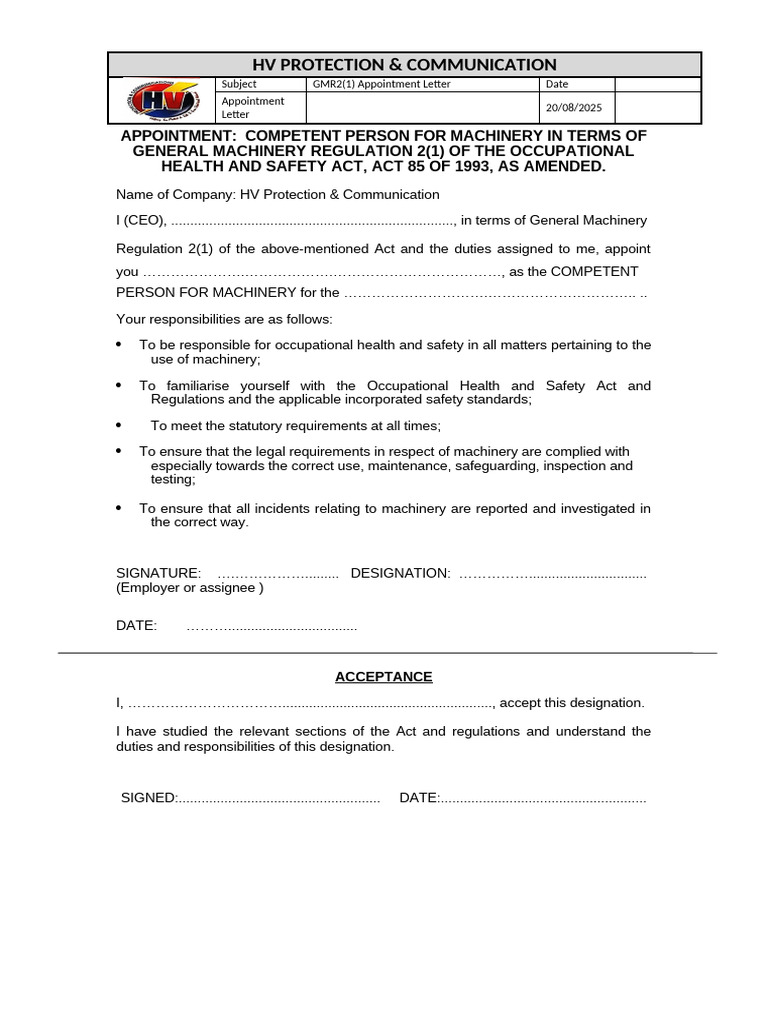 GMR 2(1) Competent Person Appointment | PDF
