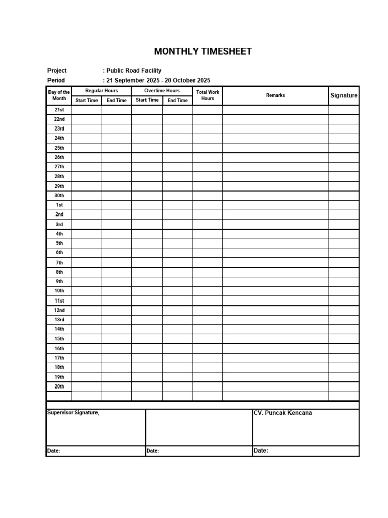 Monthly Timesheet for Public Road Project | PDF