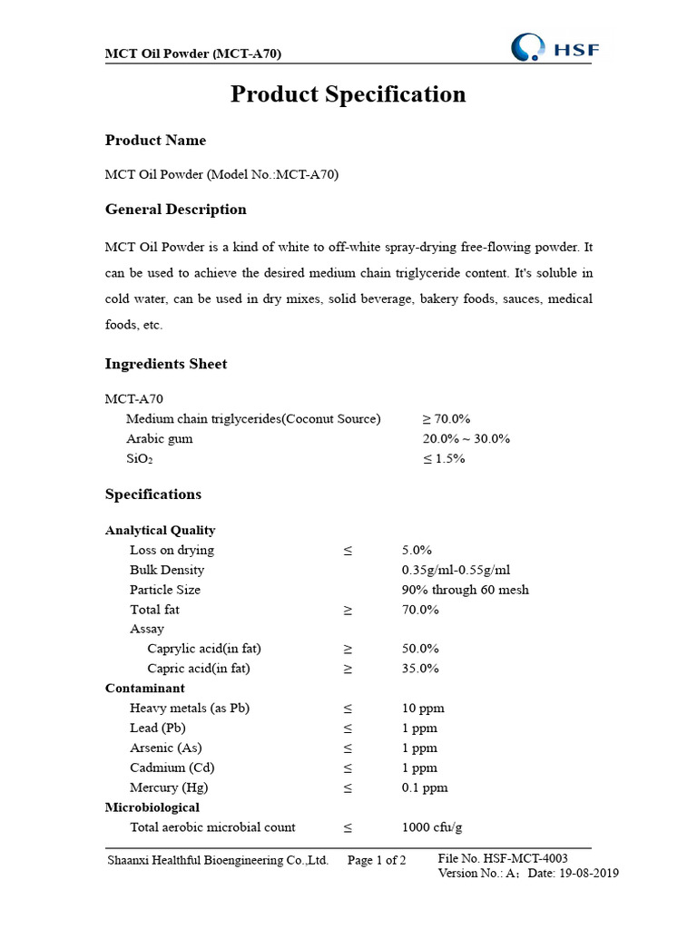 MCT Oil Powder Specification MCT-A70 | PDF | Fat | Foods