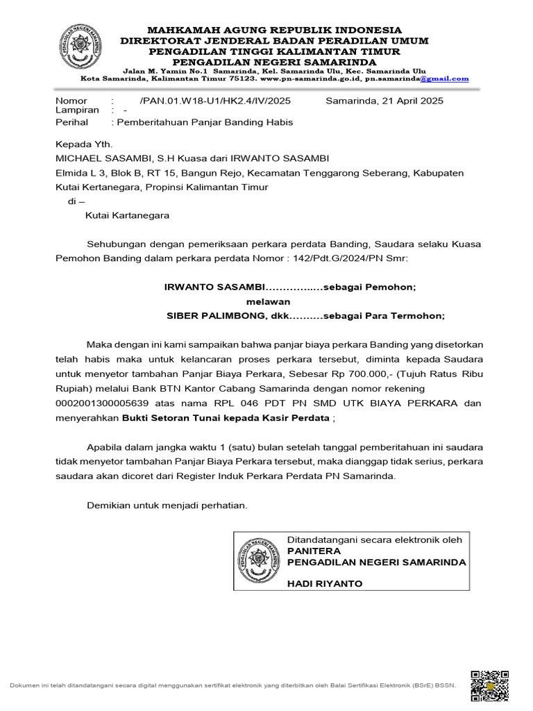 Pemberitahuan Panjar Banding Habis | PDF