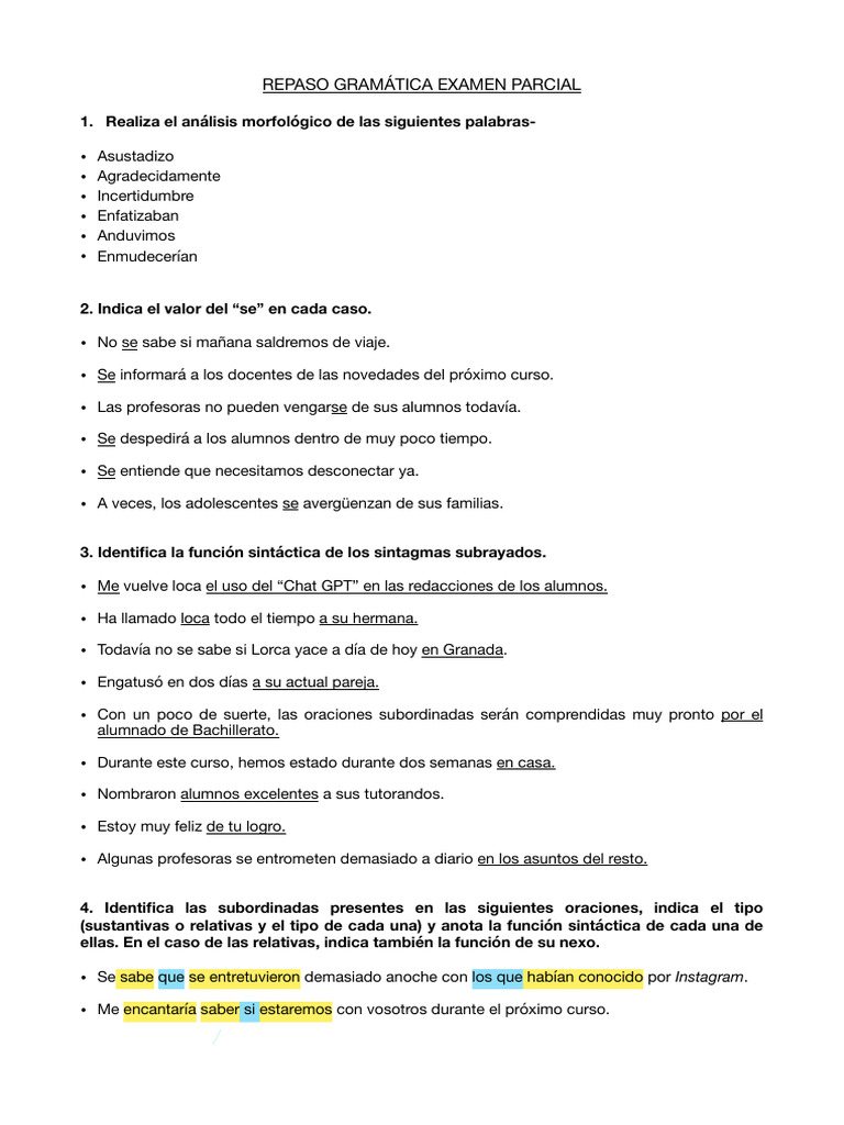 Repaso Grama-Tica Examen Parcial 1bat | PDF | Oración (Lingüística ...