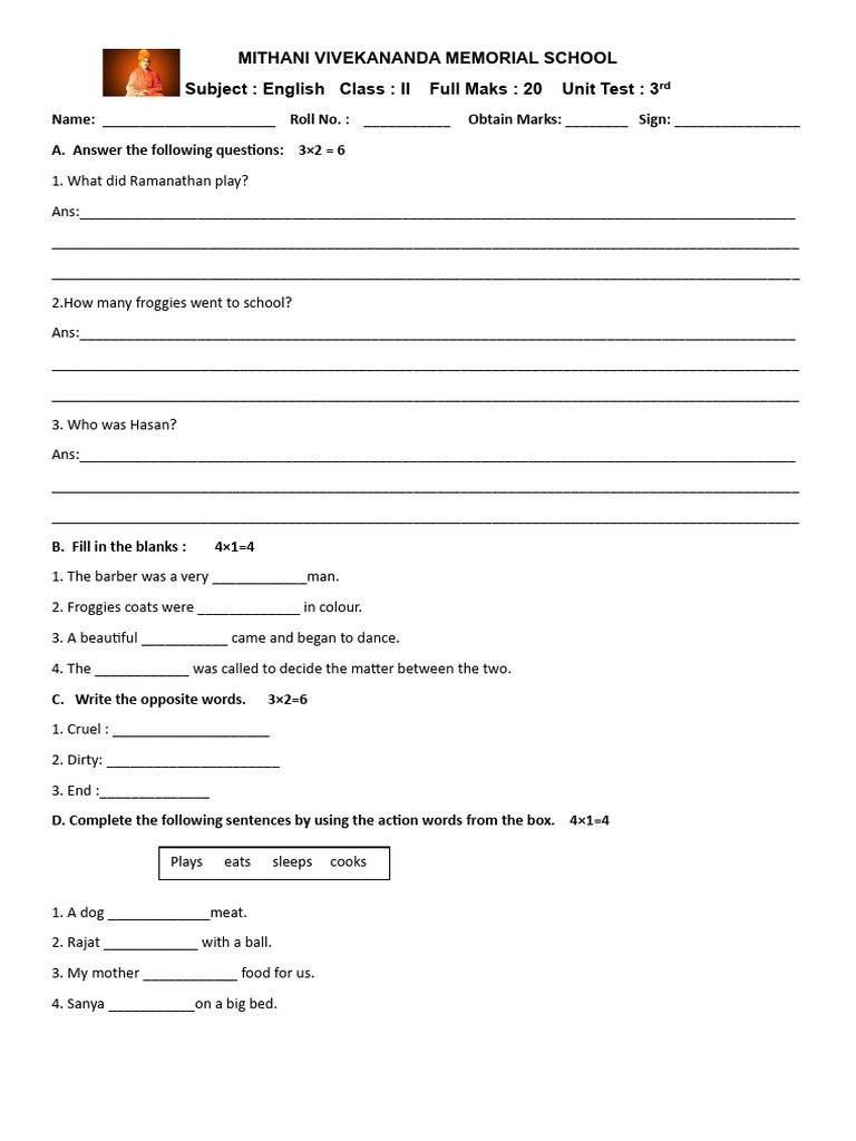Class II English Unit Test Questions | PDF