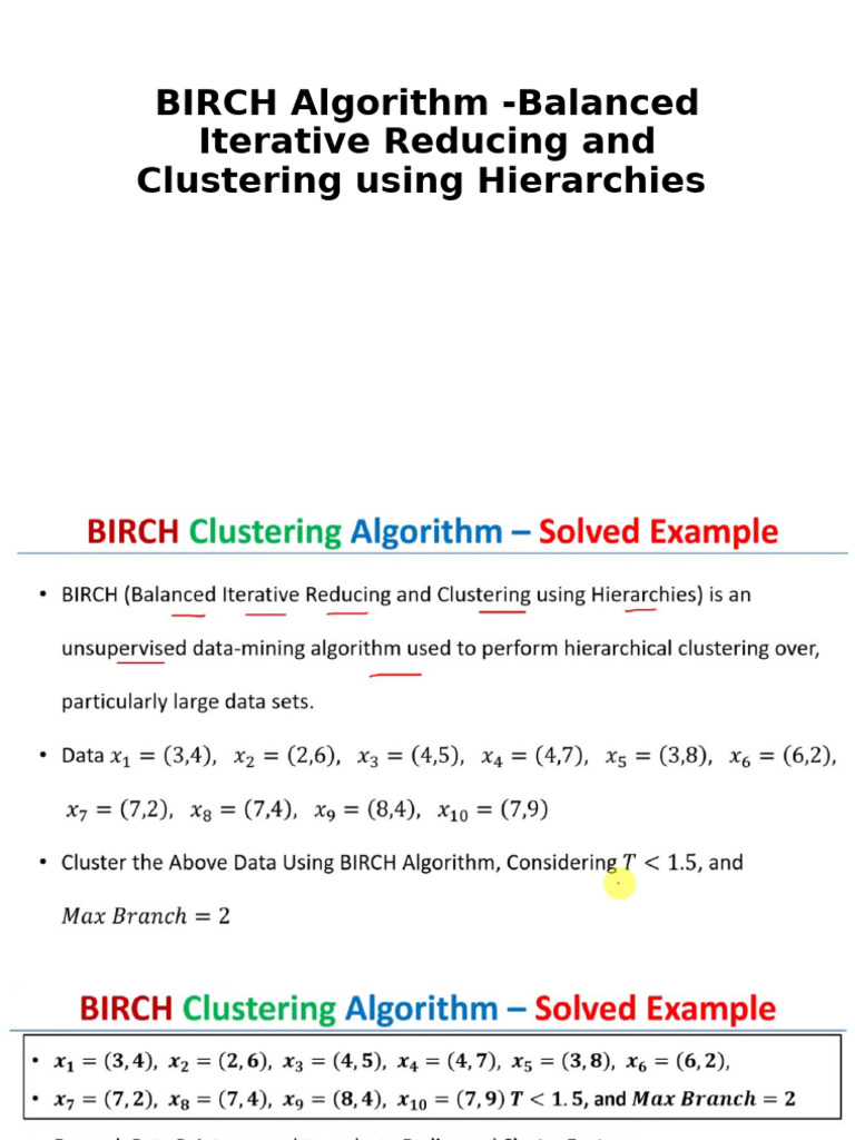 BIRCH Algorithm - Balanced Iterative Reducing and Clustering | PDF