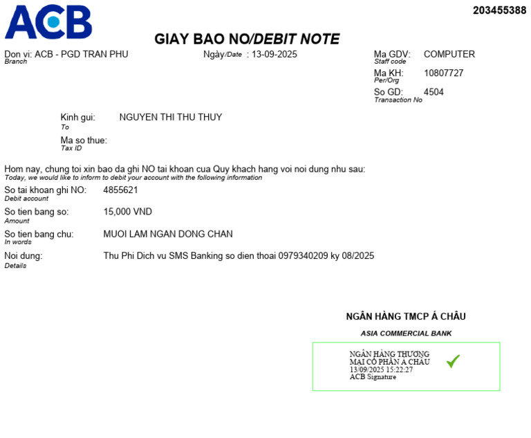 ACB Debit Note Notification | PDF