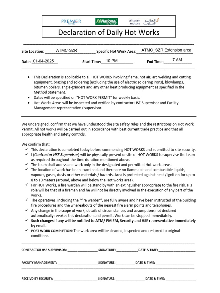 Daily Hot Works Declaration Form | PDF | Firefighting | Fires