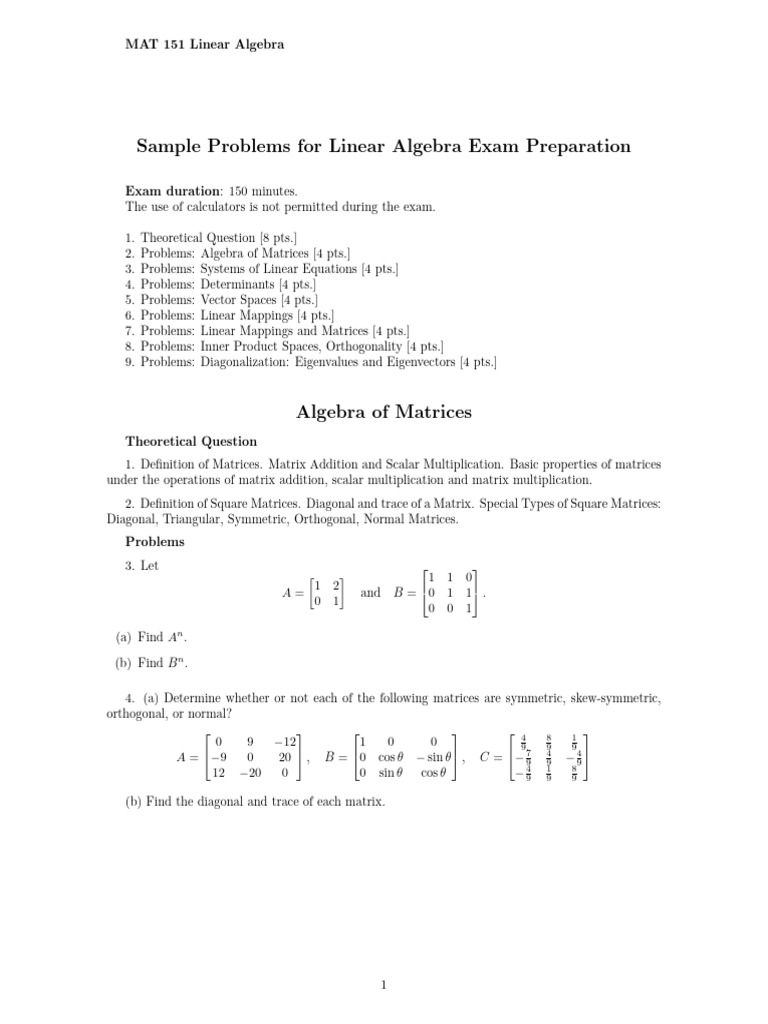 Linear Algebra Exam Prep Problems | PDF | Determinant | Matrix ...