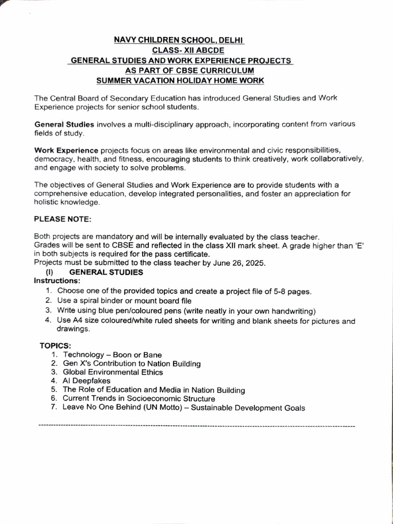 CBSE General Studies & Work Experience Projects | PDF