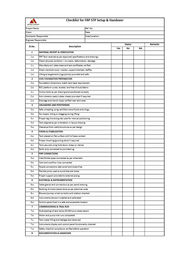 STP Setup & Handover Checklist | PDF | Mechanical Engineering