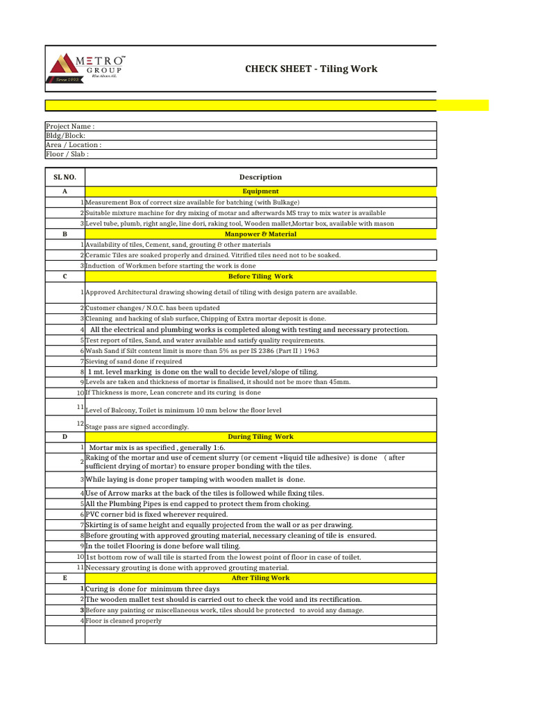 Tiling Work Check Sheet Template | PDF | Mortar (Masonry) | Tile