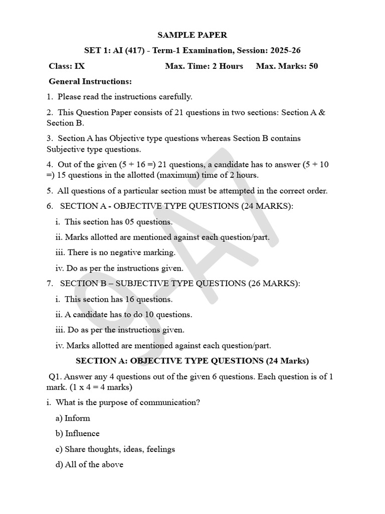 Class 9 AI Sample Paper 2025-26 | PDF | Artificial Intelligence ...