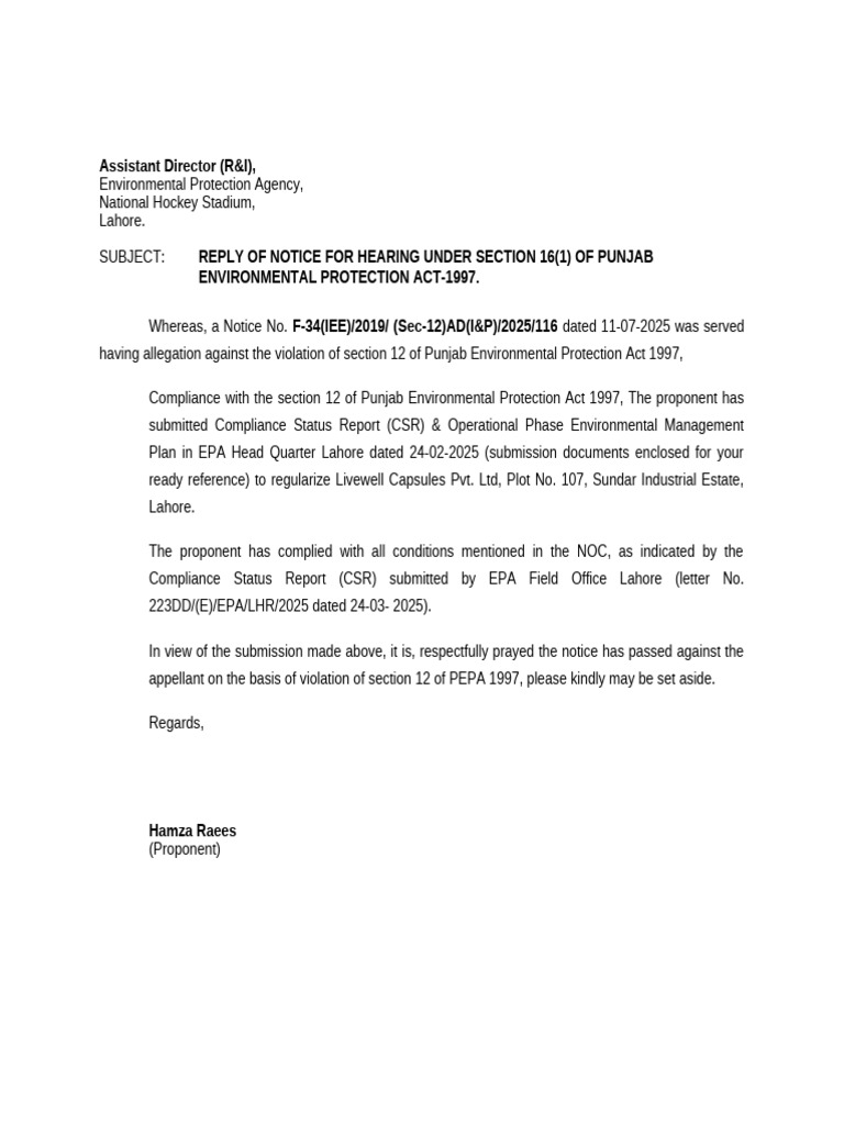 Response to Environmental Hearing Notice | PDF
