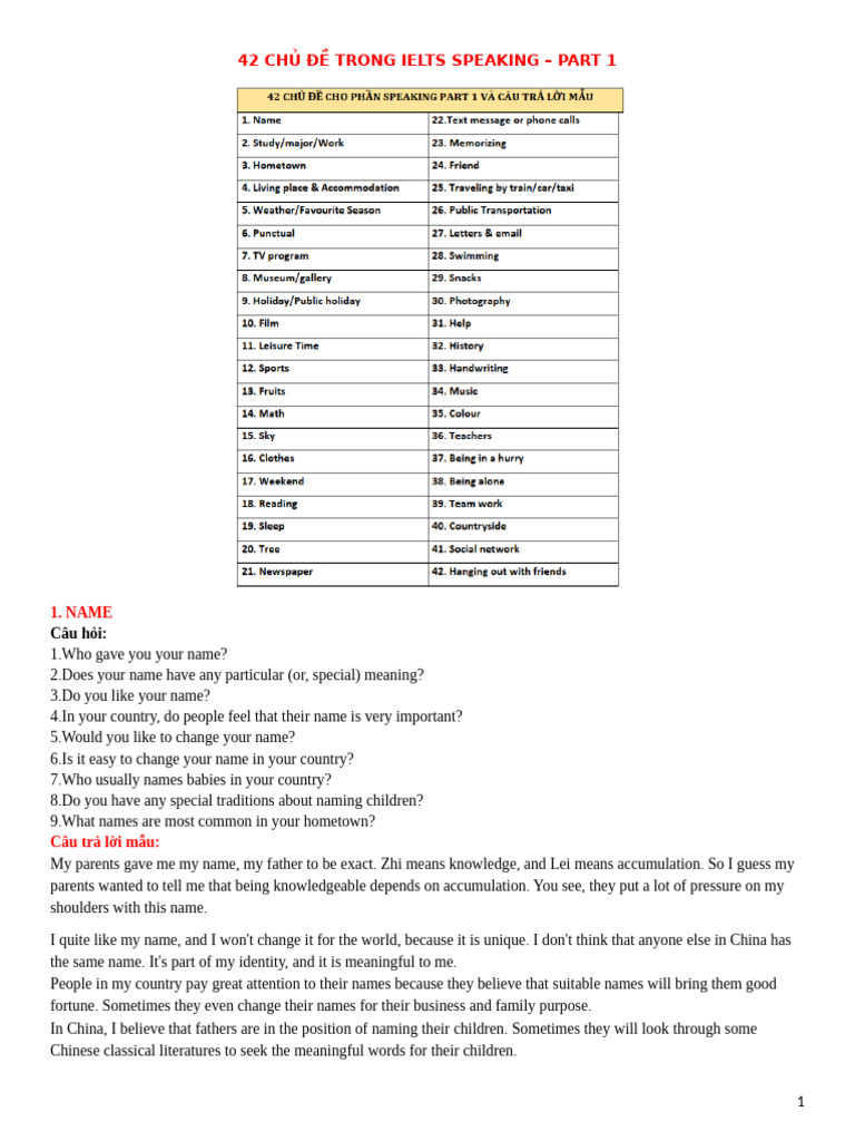 IELTS Speaking Topics: Part 1 Guide | PDF | Room | Newspapers