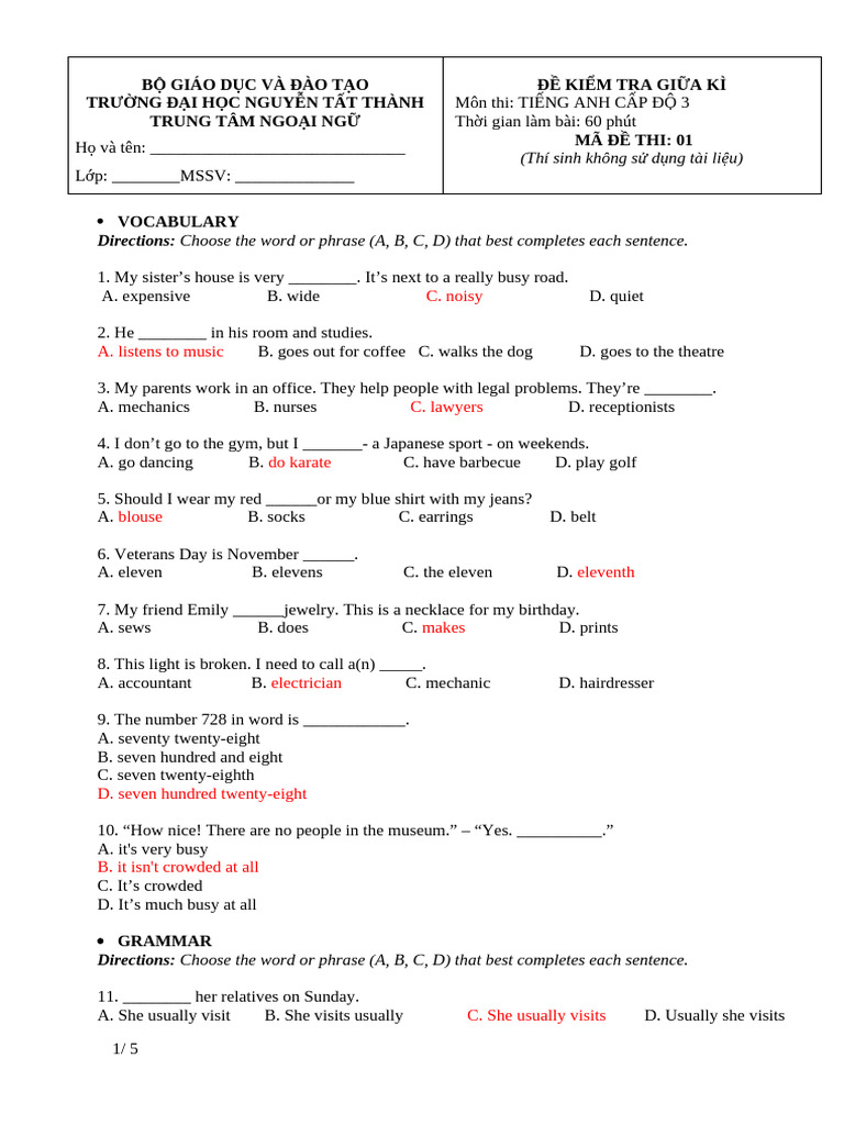 Vocabulary and Grammar Test for English Level 3 | PDF
