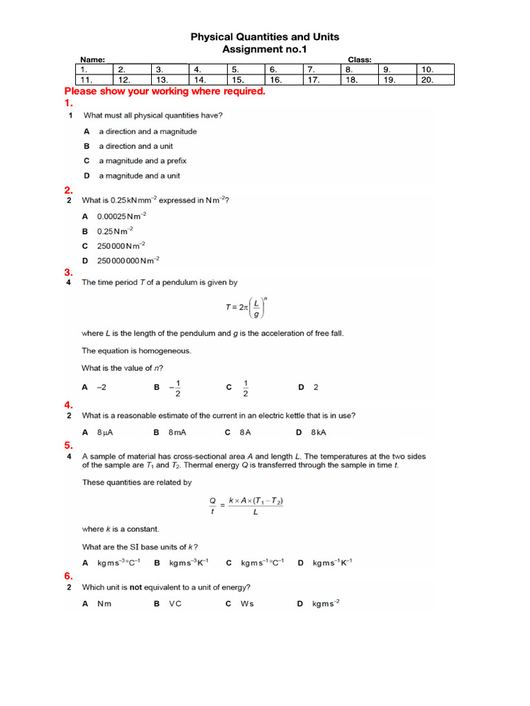 Assignment No.2 Physical Quantities and Units | PDF