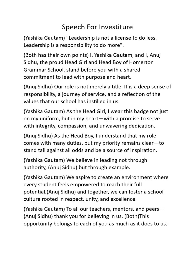 Investiture Speech by Head Girl and Boy | PDF