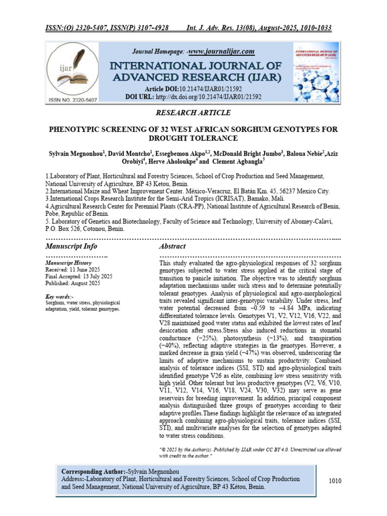Phenotypic Screening of 32 West African Sorghum Genotypes For Drought ...