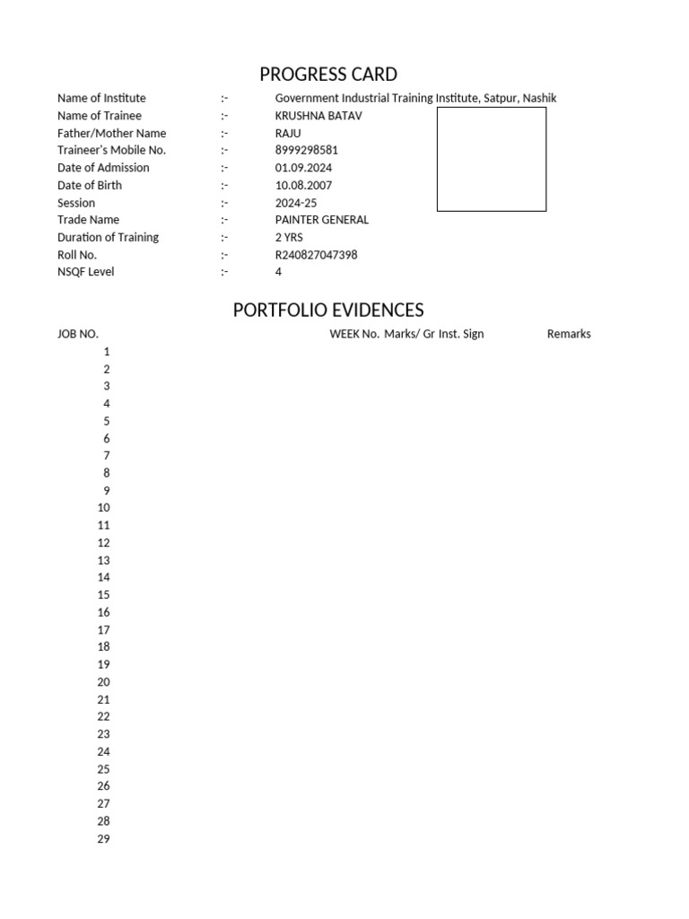 Progress Card for Painter General Training | PDF | Vocational Education