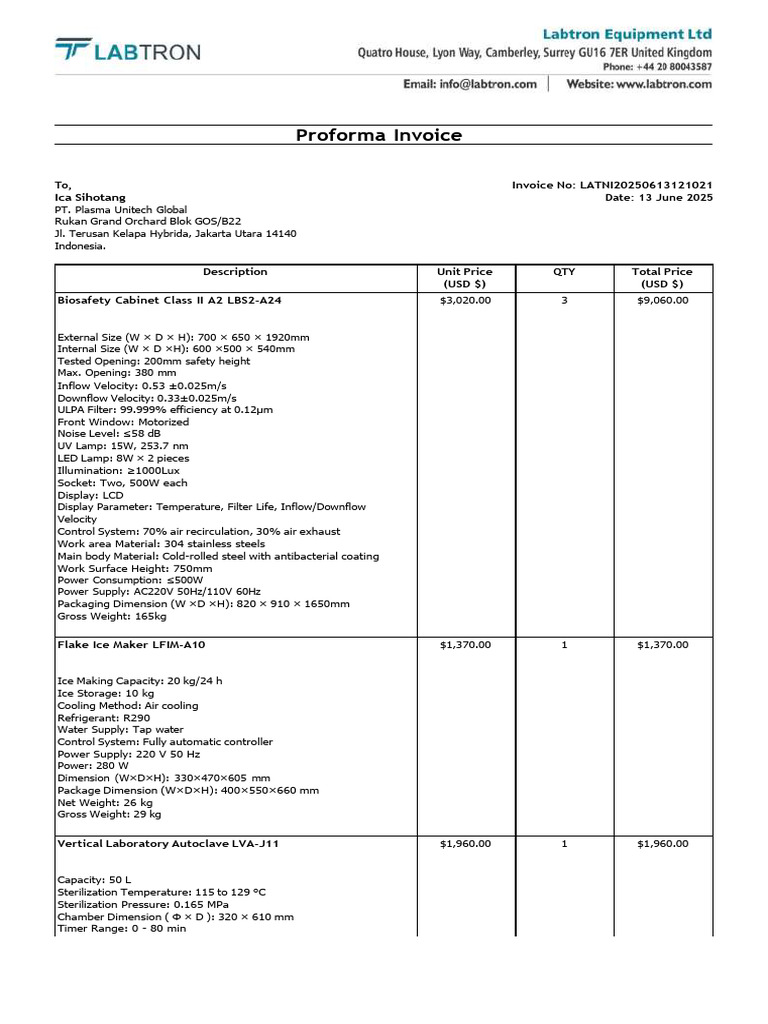Proforma Invoice for Lab Equipment | PDF | Absorbance | Celsius