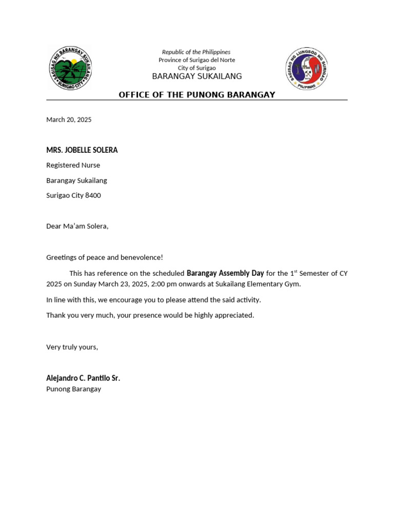 Barangay Assembly Invitation Letter | PDF
