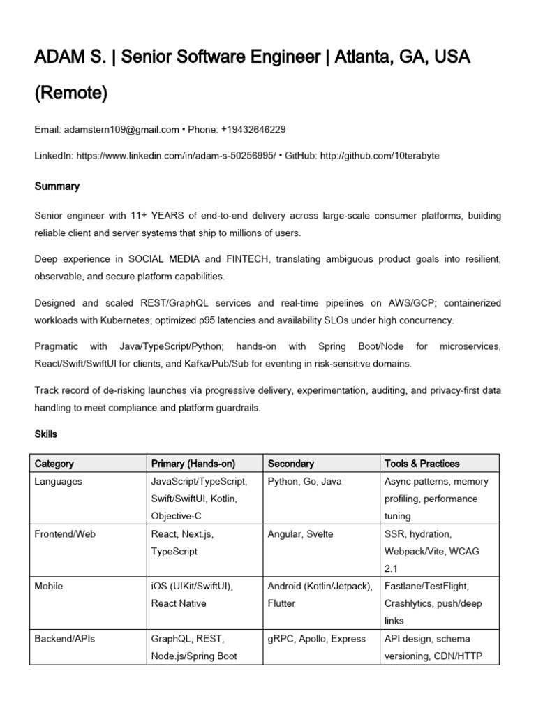 Dice Resume CV Adam Stern | PDF | Cache (Computing) | Software Engineering
