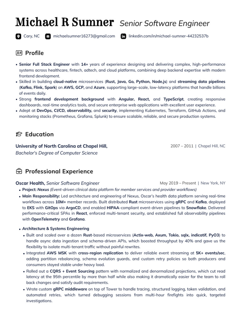 Senior Software Engineer Profile: Michael Sumner | PDF | Cloud ...