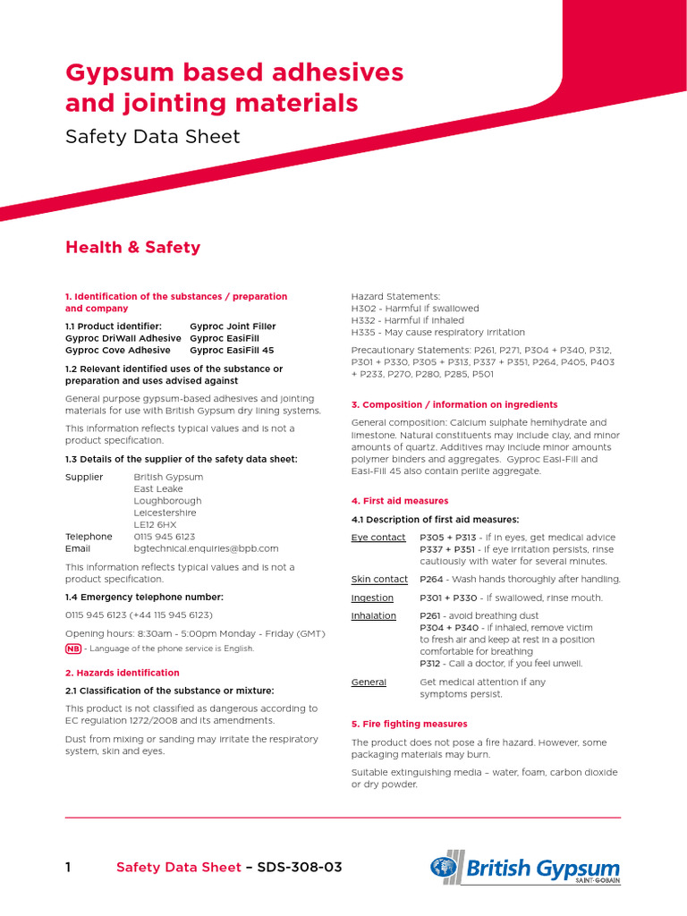 Gypsum Adhesives Safety Data Sheet | PDF | Personal Protective ...