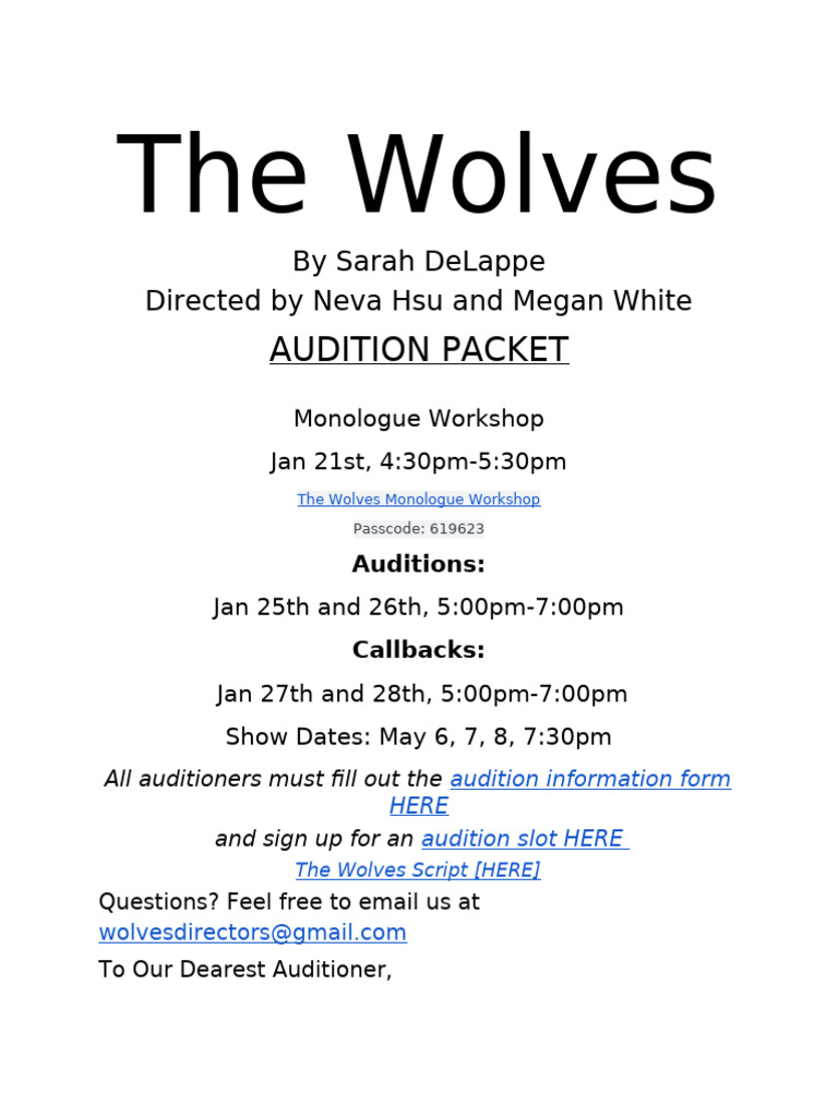 The Wolves Monologue Workshop Details | PDF | Audition