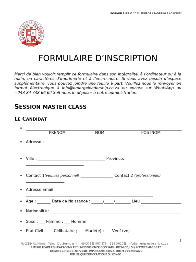 Formulaire d'inscription Master Class ELA | PDF