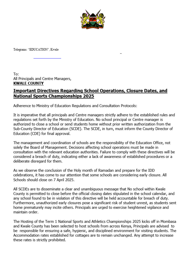 Kwale County School Operations Directives | PDF | Justice | Crime ...