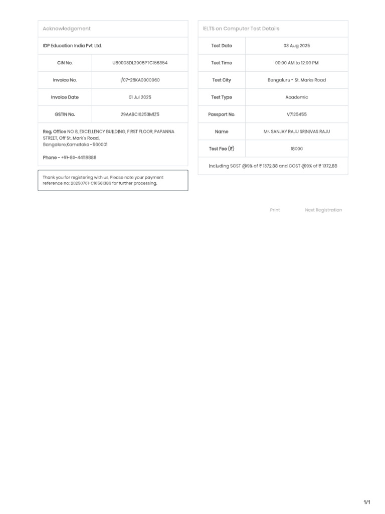 IELTS Exam Receipt | PDF