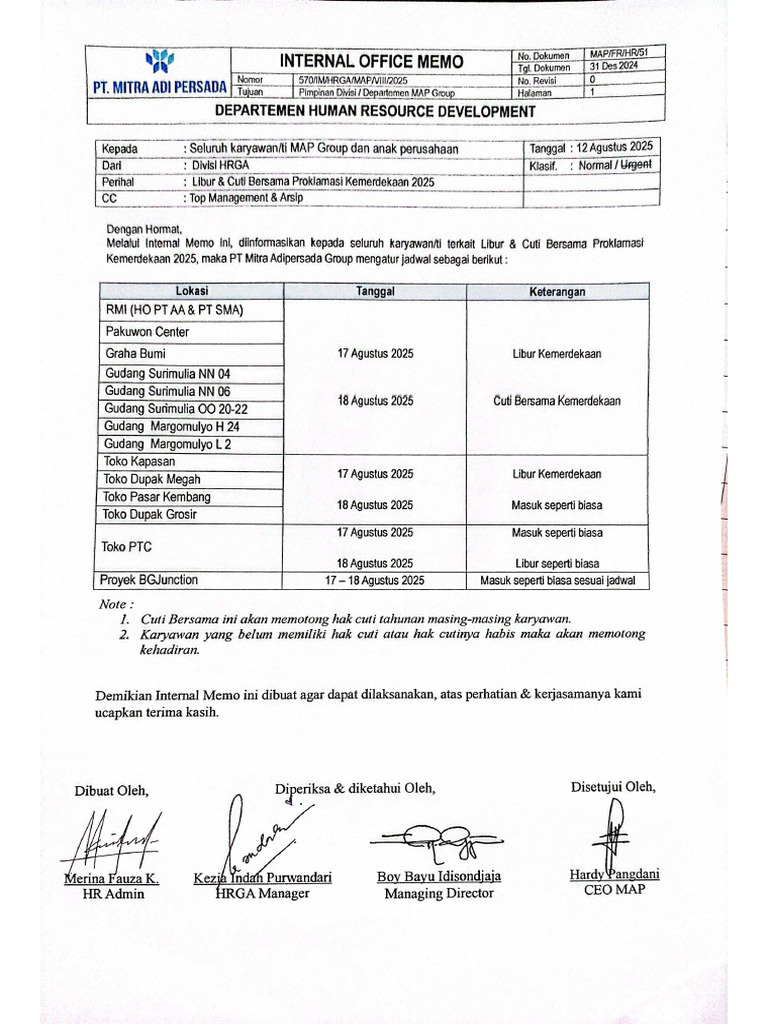 MAP-FR-HR-51 Internal Office Memo Cuti Bersama Kemerdekaan 2025.fix | PDF